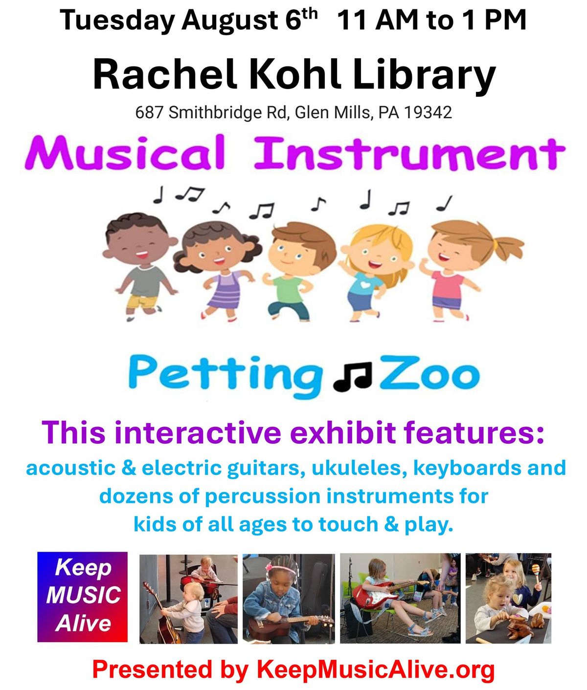 Musical Instrument Petting Zoo at Rachel Kohl Library - Tuesday August 6th, 11 AM to 1 PM