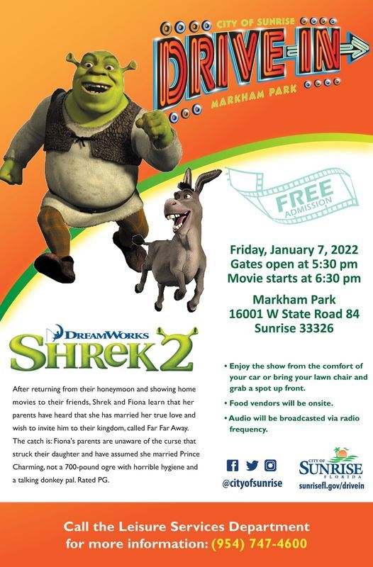 Florida snakehead and bass adventures. DriveIn Movie Shrek 2 at Markham Park, 16001 W State Road 84, Sunrise