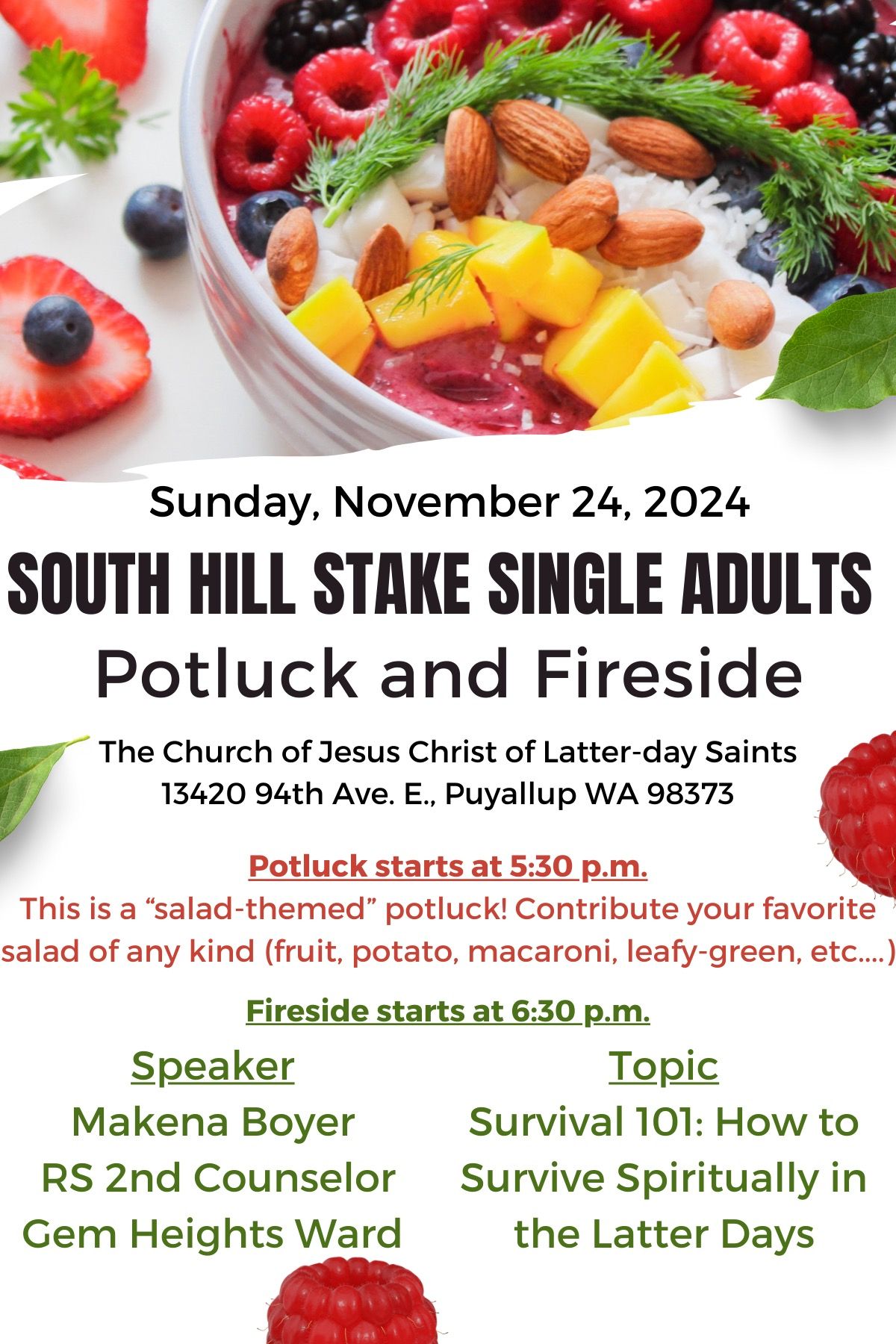 South Hill Single Adult SALAD Potluck and Fireside