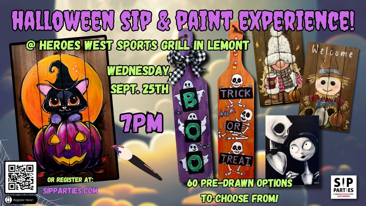 Pre-Drawn SIP & Paint Experience at Heroes West Sports Grill in Lemont! Wednesday, Sept. 25th!