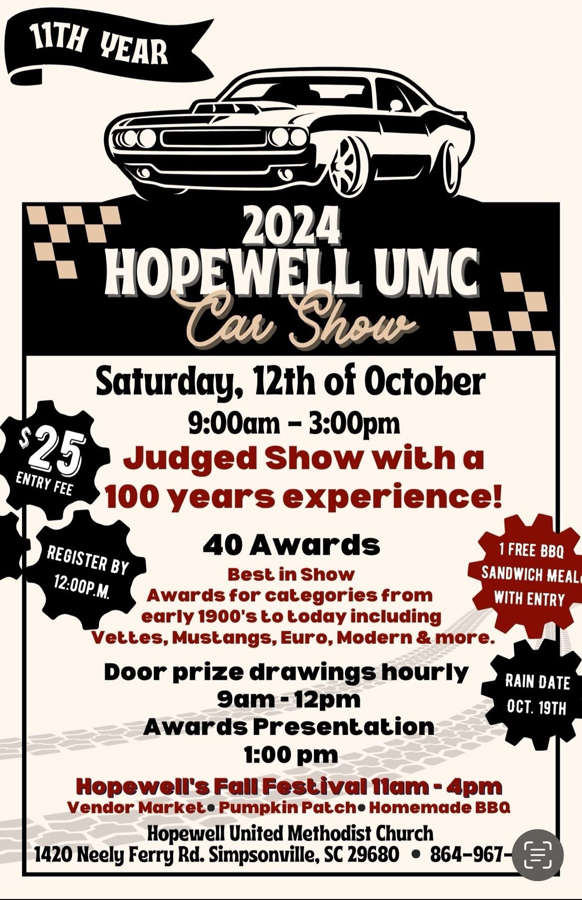 11th Annual Hopewell UMC Car Show + BBQ + Fall Festival 