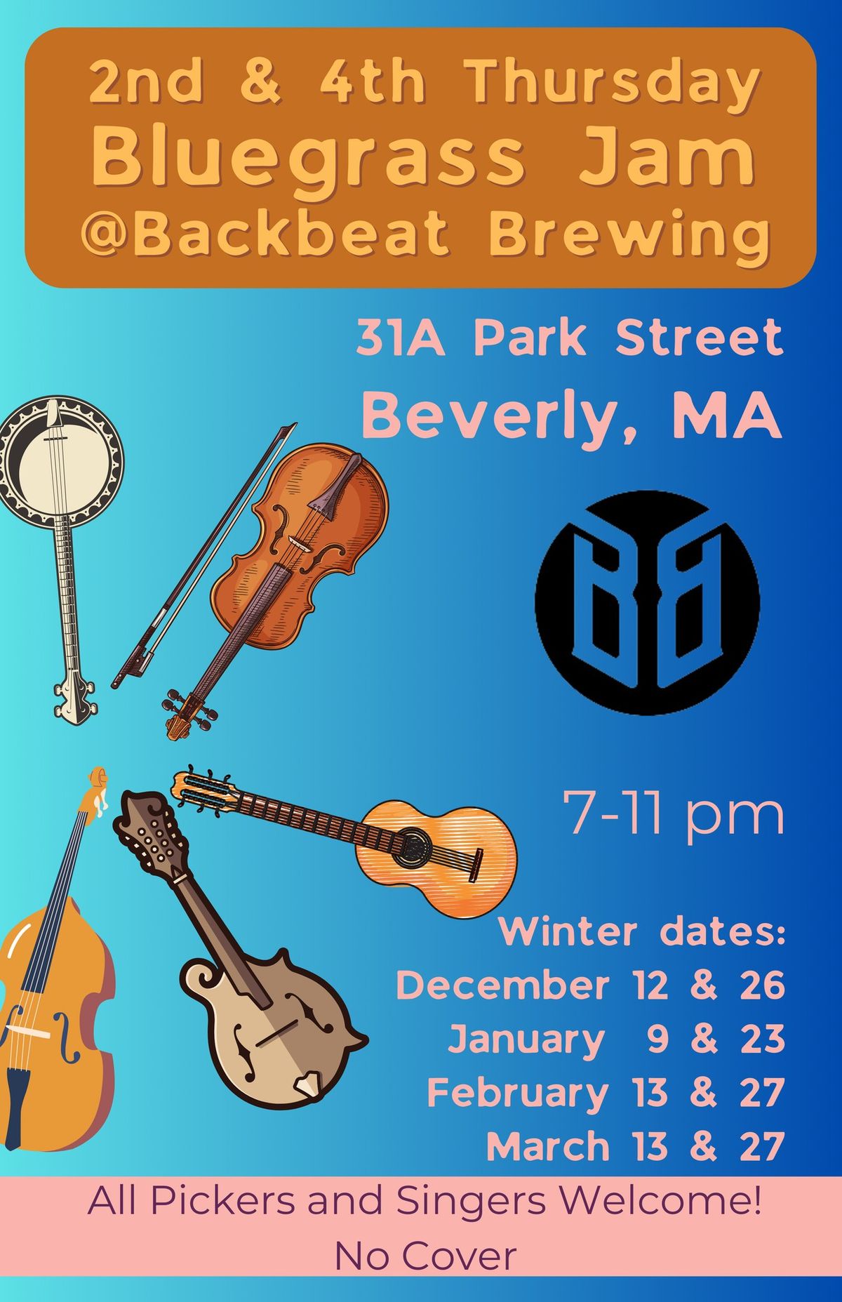 2nd & 4th Thursdays Bluegrass Jam @Backbeat Brewing in Beverly, MA