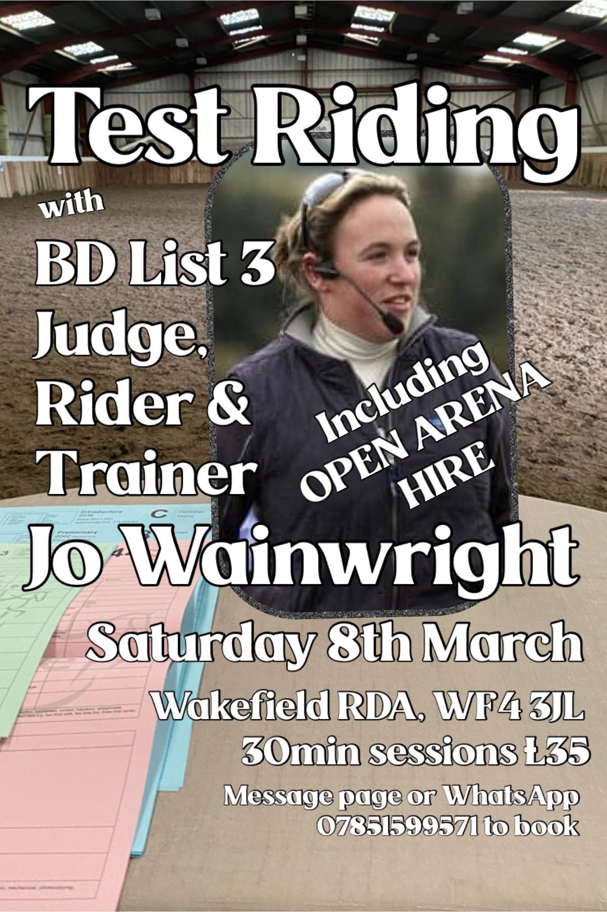 Test Riding or lessons with Jo Wainwright, including Open Arena Hire 