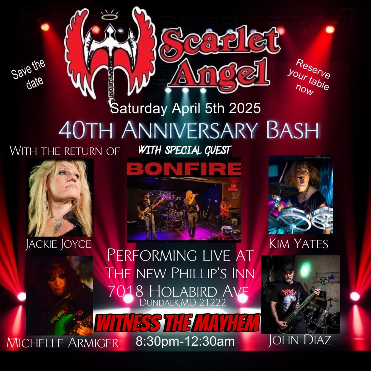 Scarlet Angel 40th Anniversary Bash, with Special Guest, Bonfire