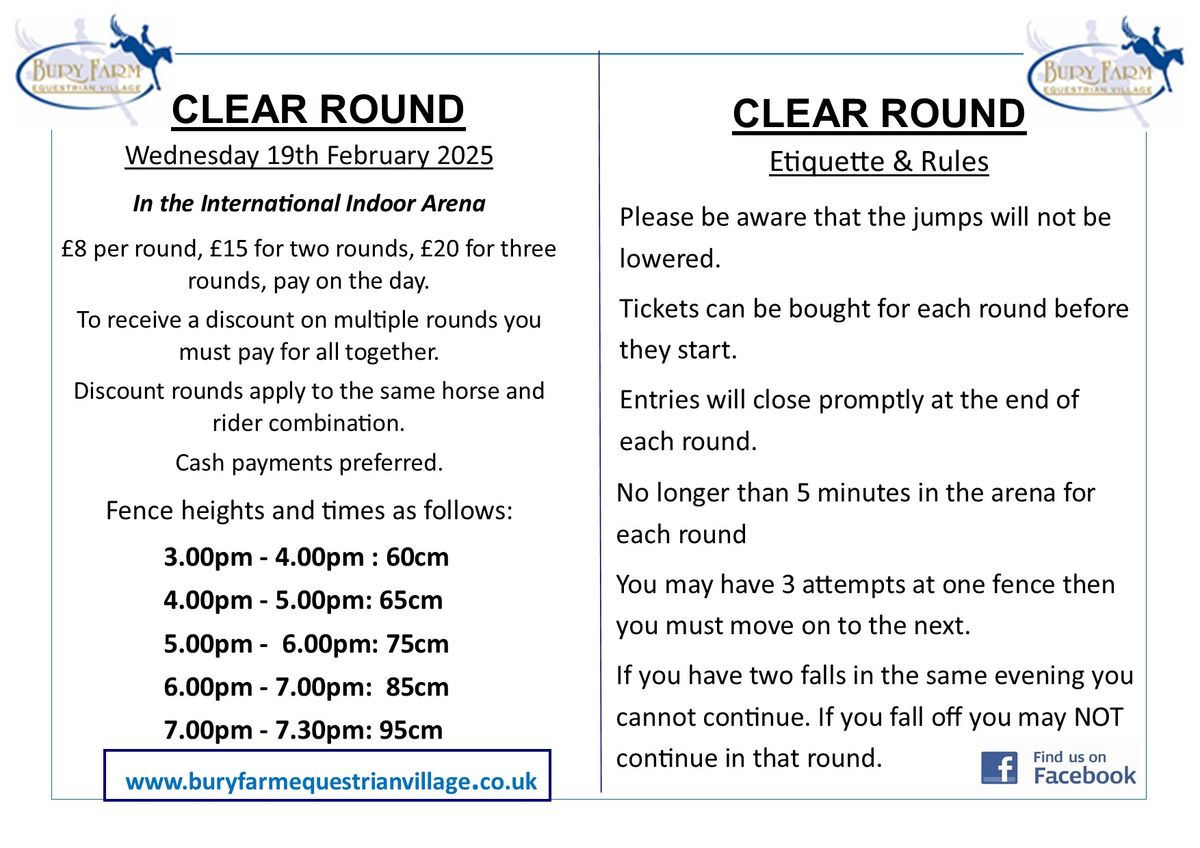 Clear Round Show Jumping at Bury Farm, Wednesday 19th February 2025 from 3pm