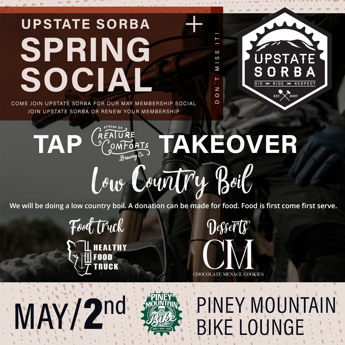 May Membership Social and Low Country Boil @ Piney Mountain Bike Lounge