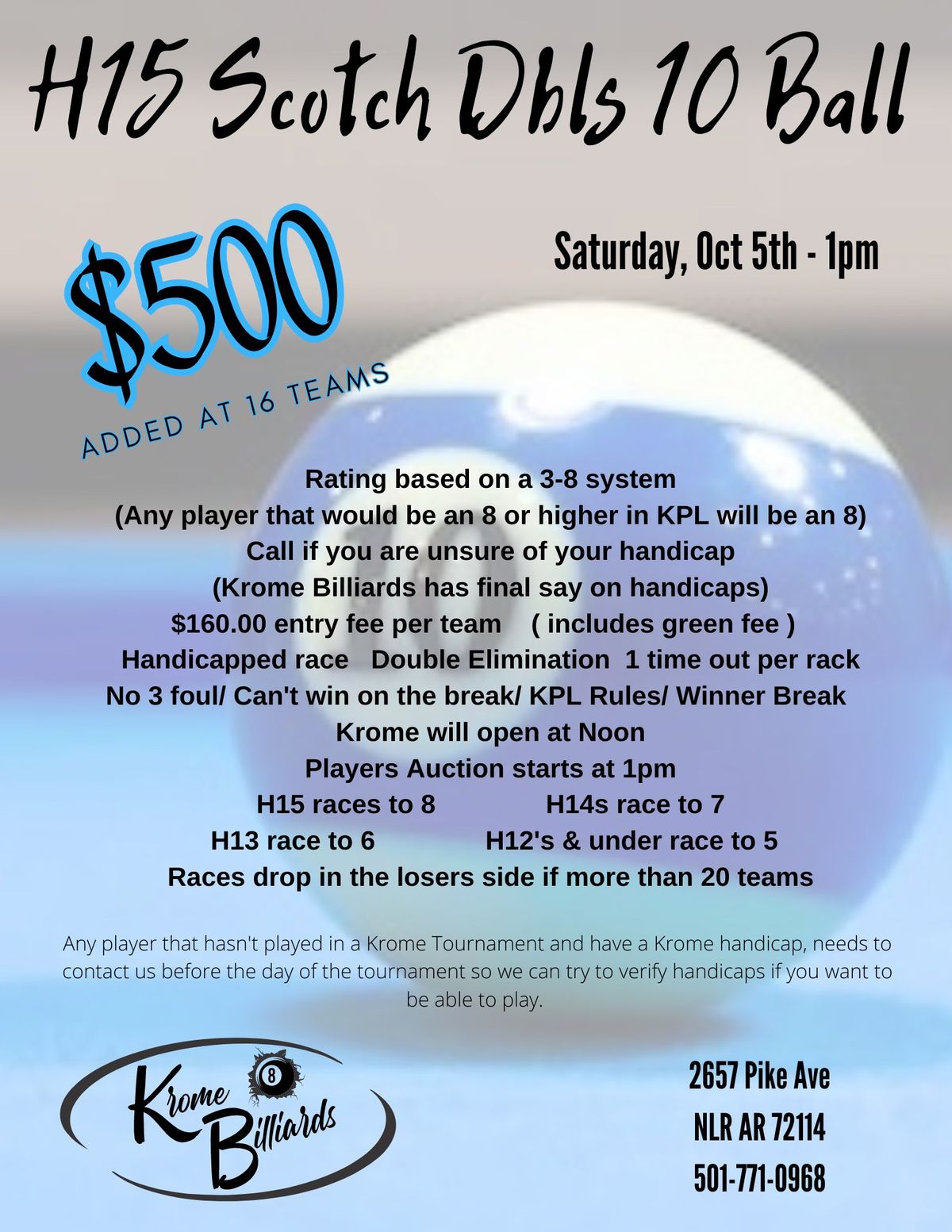 H15 Scotch Dbls 10 Ball - $500 added at 16 teams