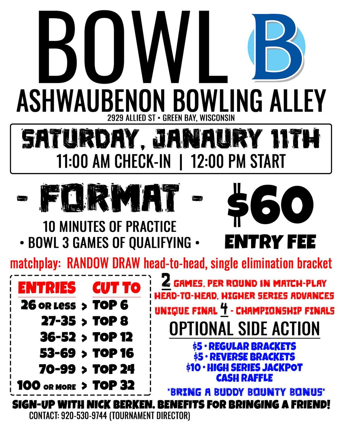 BOWL January 11th at Ashwaubenon Bowling Alley