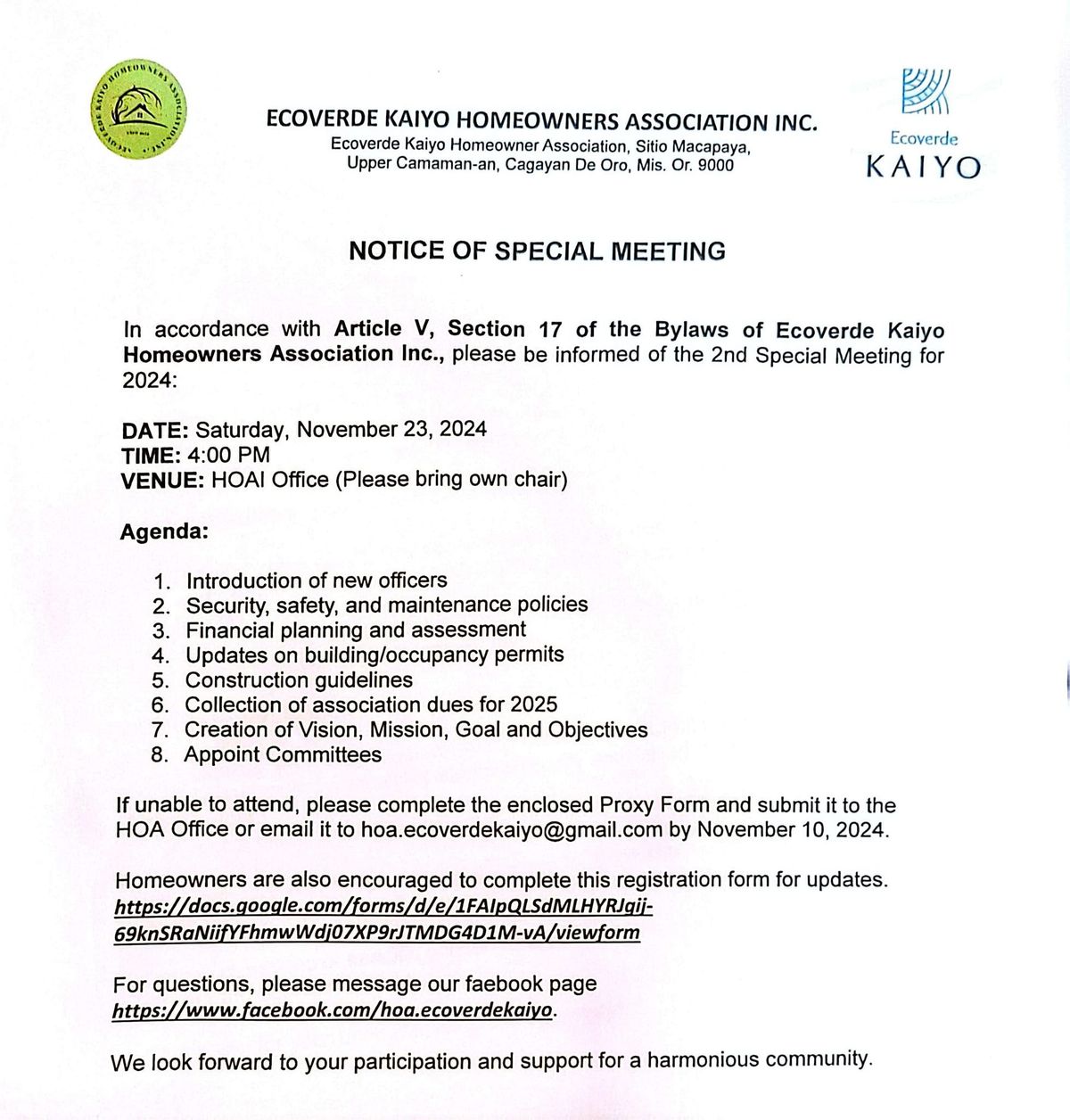 Special Meeting of Ecoverde Kaiyo Homeowners' Association Inc.