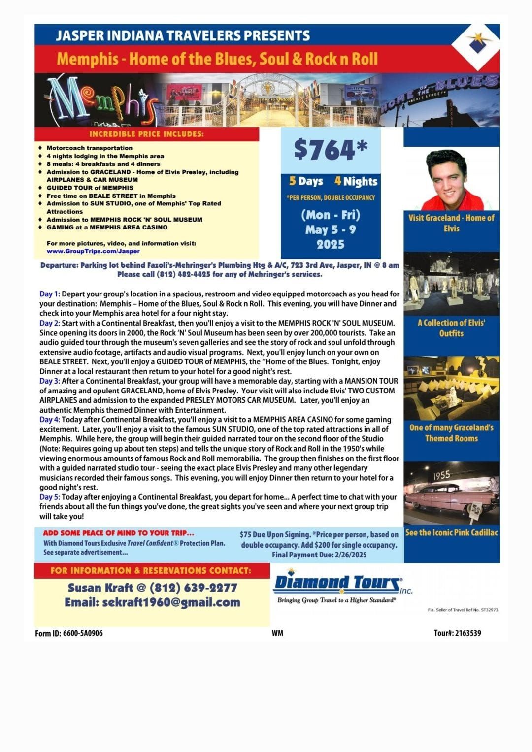 Memphis, TN Diamond Tours Bus Trip leaving from Jasper, IN on May 5-9, 2025