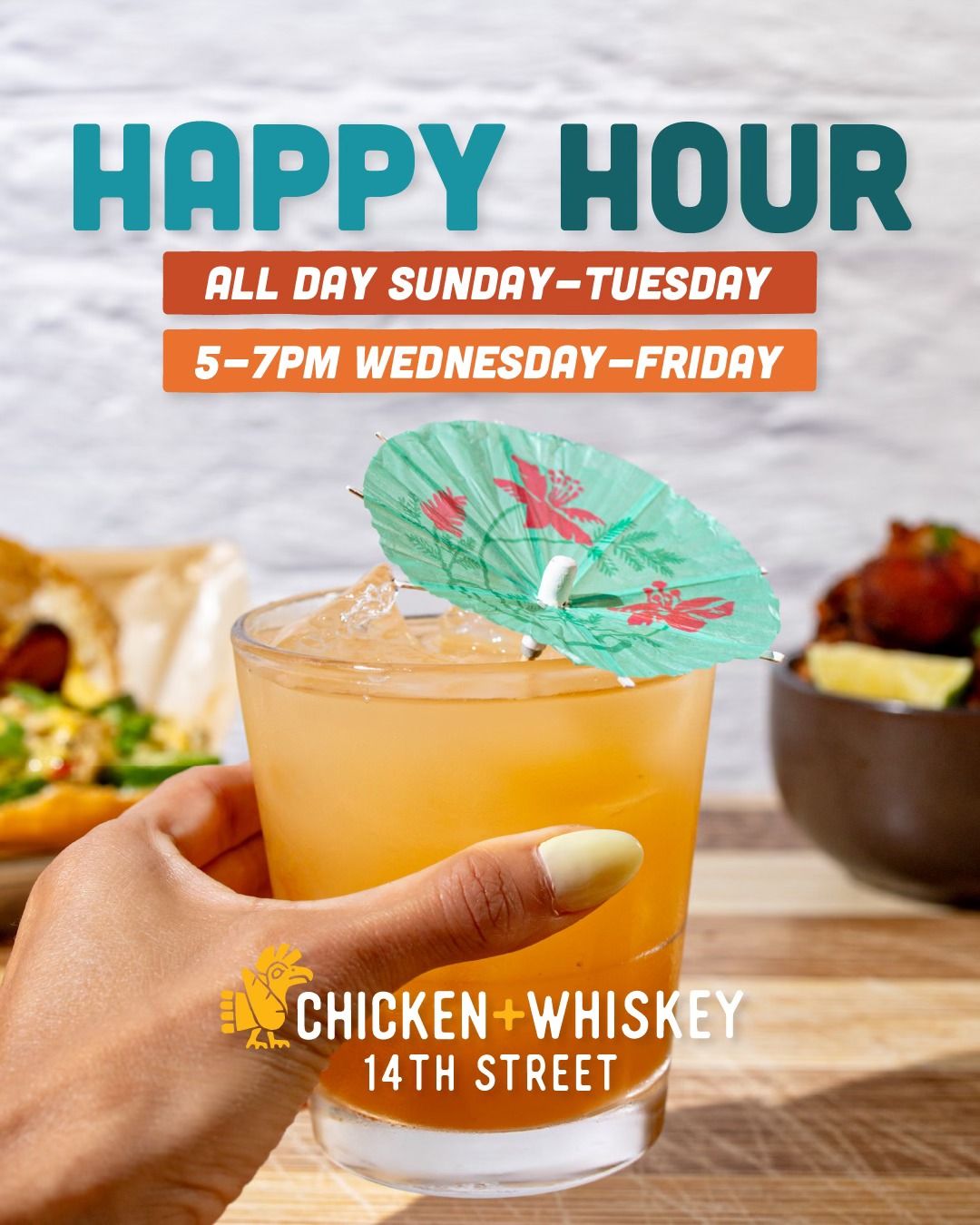 ALL DAY HAPPY HOUR @ CHICKEN + WHISKEY 14 ST \/ EVERY SUNDAY, MONDAY, TUESDAY! \ud83c\udf7b