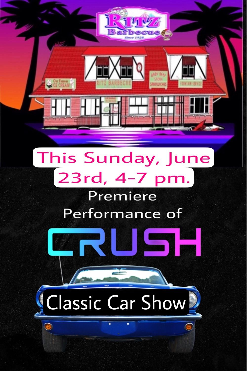 This Sunday come see CRUSH and enjoy some BBQ and Ice Cream! 