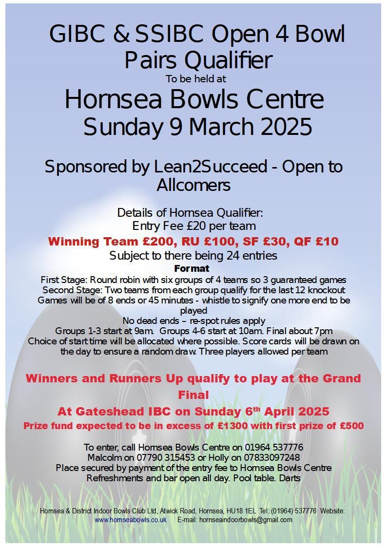 Hornsea Indoor Bowls Top Prize Money Event