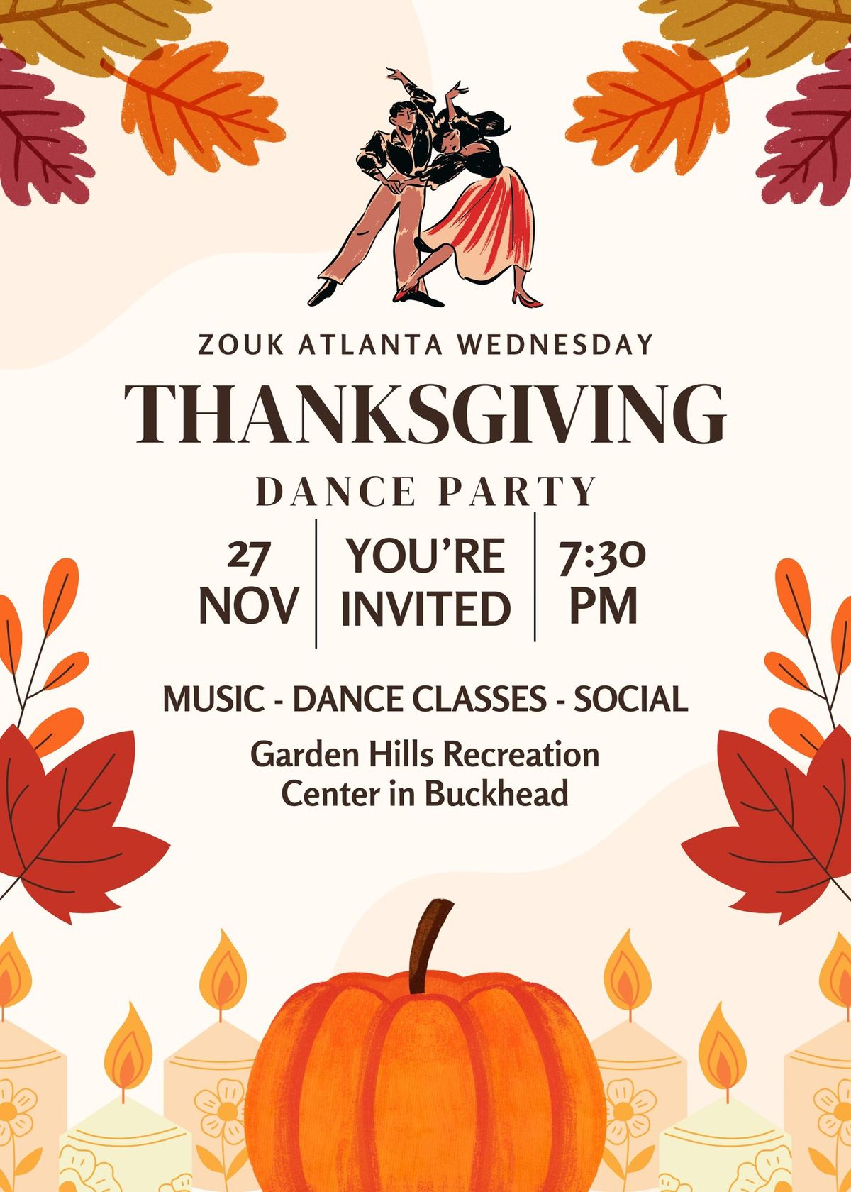 Thanksgiving Wednesday Dance Classes & Party in Buckhead | Learn to Dance | Beginner \u2197\ufe0f Advanced \u2764\ufe0f