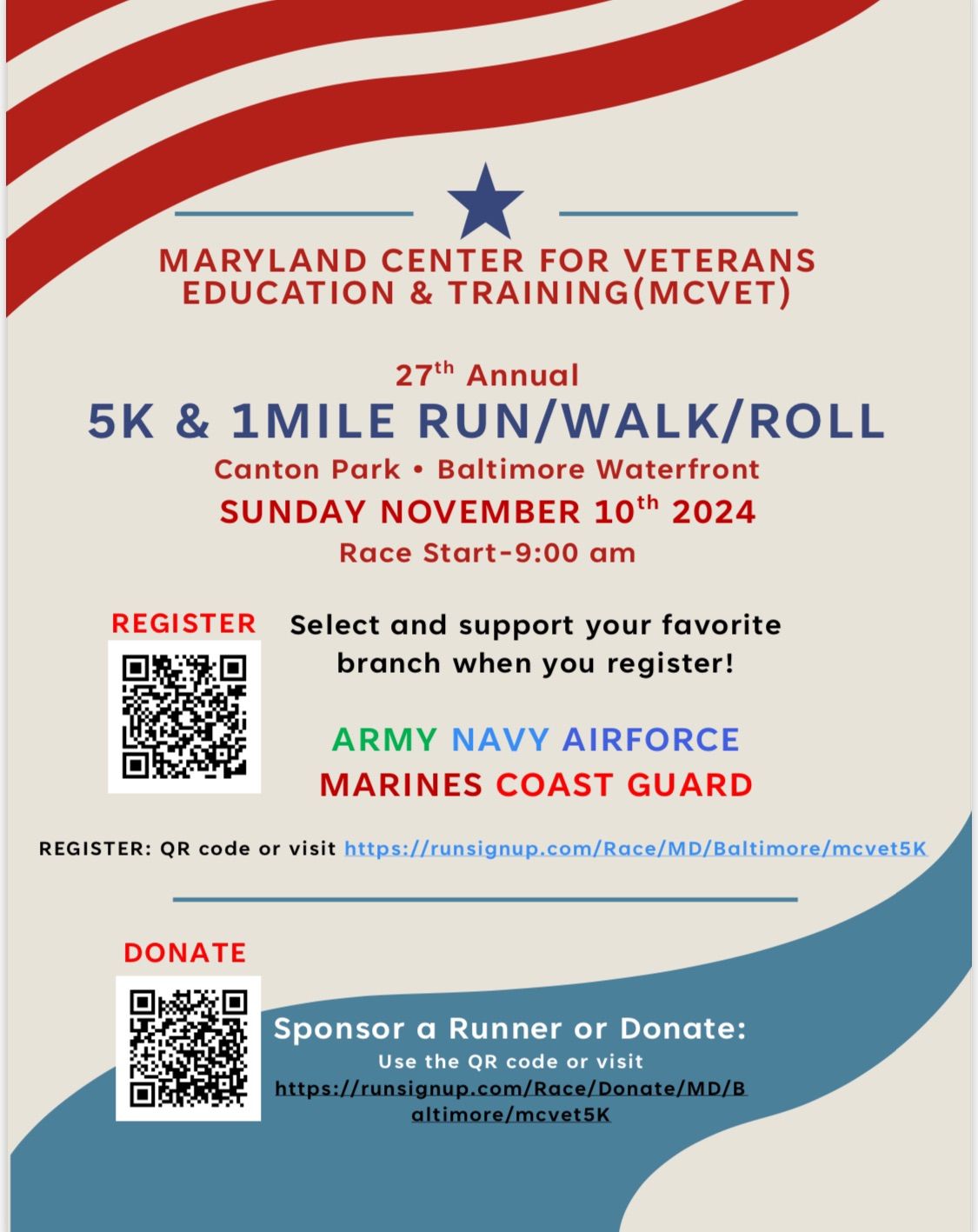 5K & 1 Mile Run \/ Walk \/ Roll: Maryland Center for Veterans Education & Training 