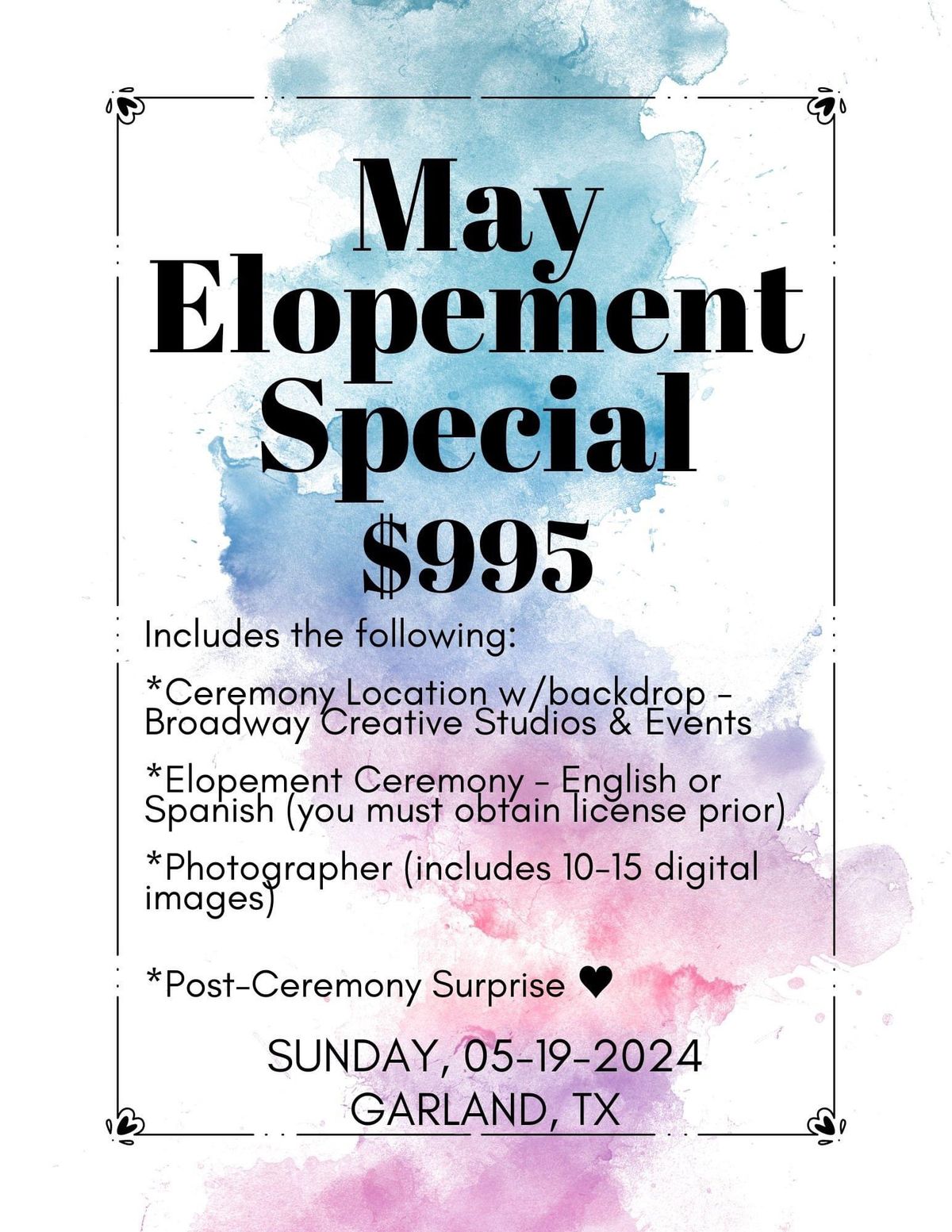 May Elopement Package at Broadway Creative Studios & Events