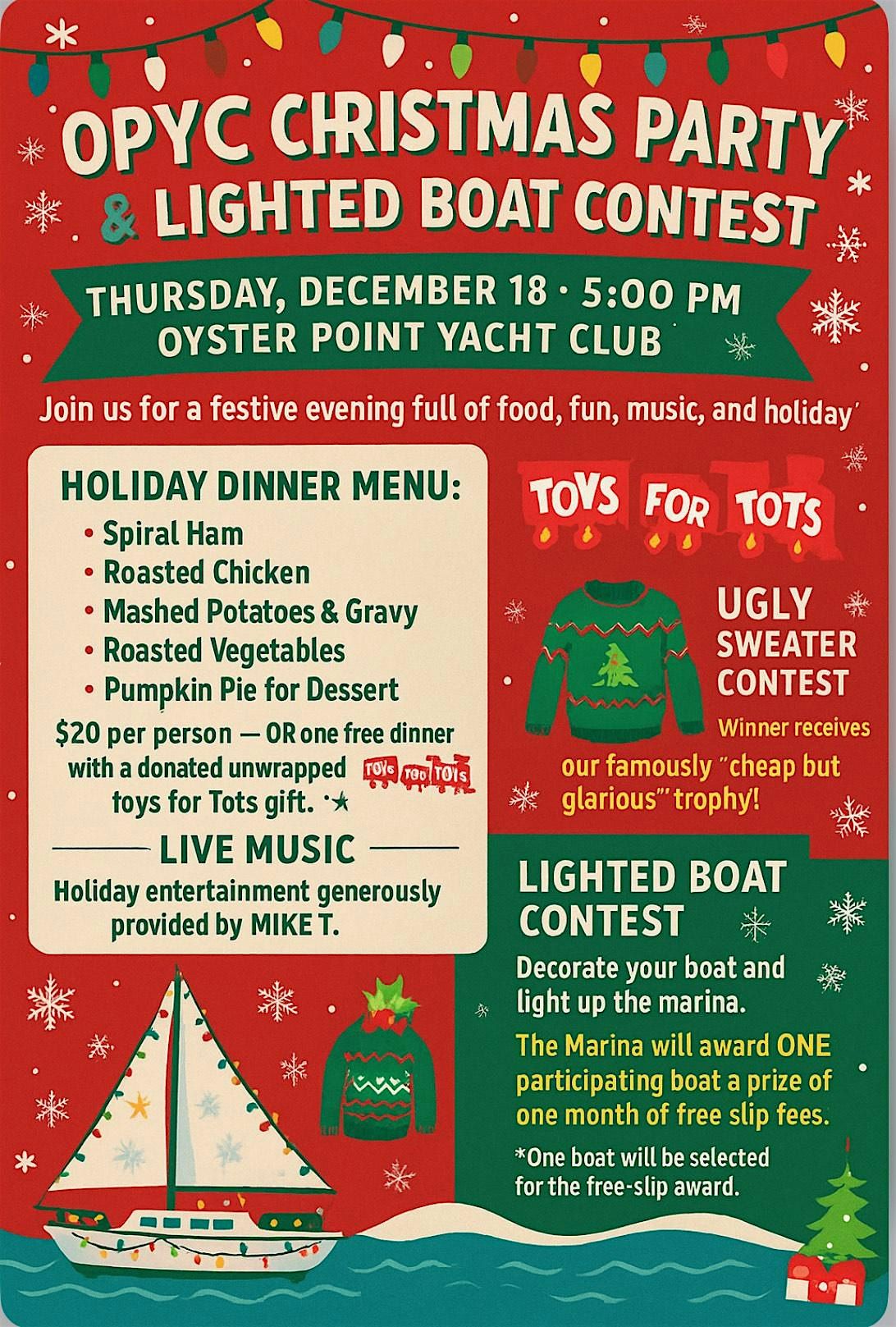 OPYC Christmas Party and Toy Drive + Lighted Boat Contest
