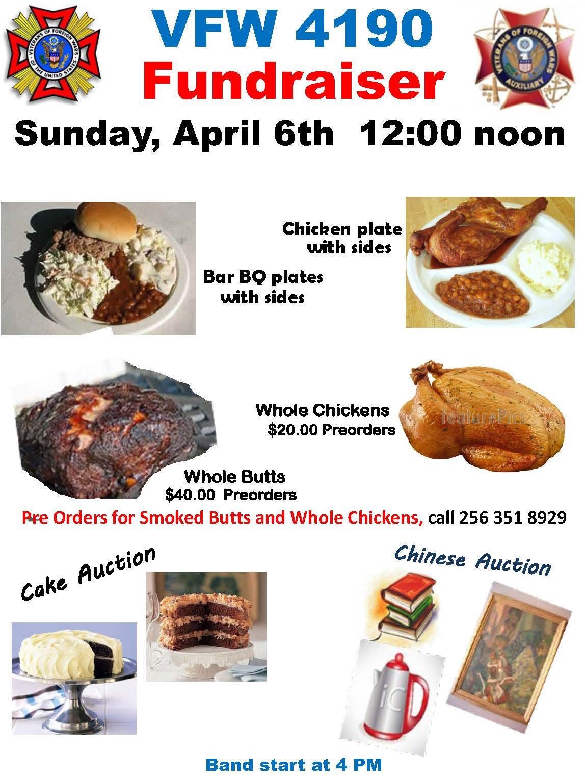 Sunday Fundraiser: Boston Butts, BBQ, Chicken, Cake Auction, Chinese Auction, and Live Music