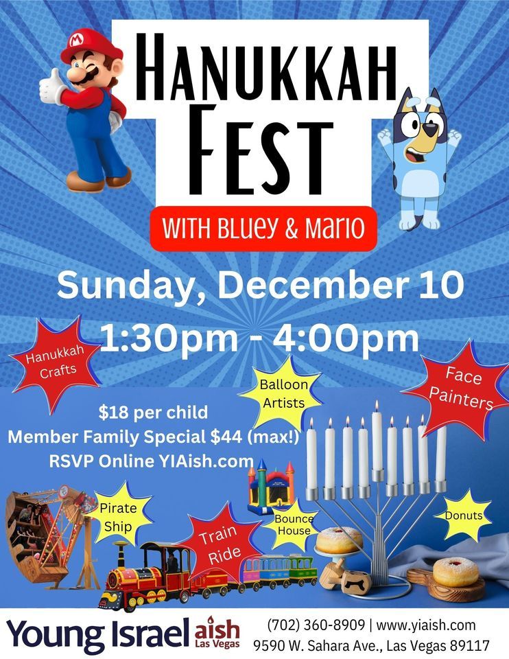 Hanukkah Fest (for children with their parents) with Bluey, Mario, a Pirate Ship and Train!!