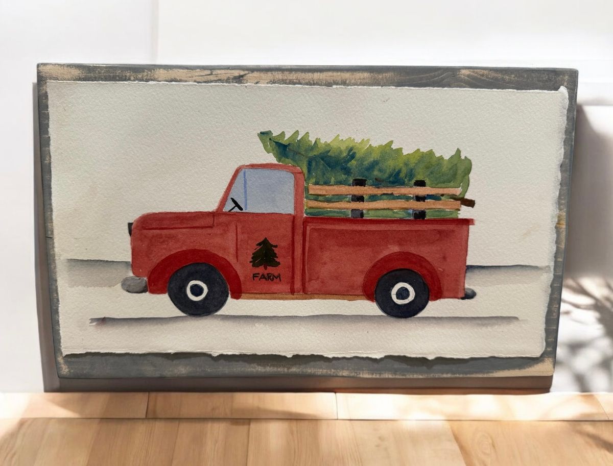 Christmas Tree Farm Truck Watercolor on Block