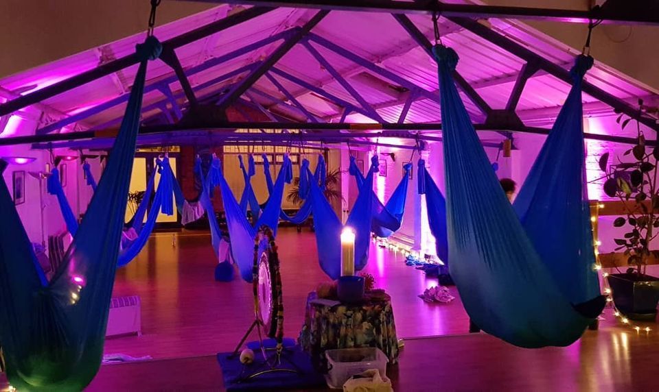 Aerial Relaxation Pods -Sound Journey Gong Bath Meditation in Hammocks