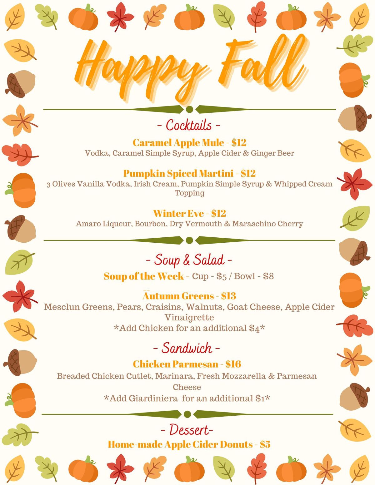 Fall Specialty Menu at Easy Street