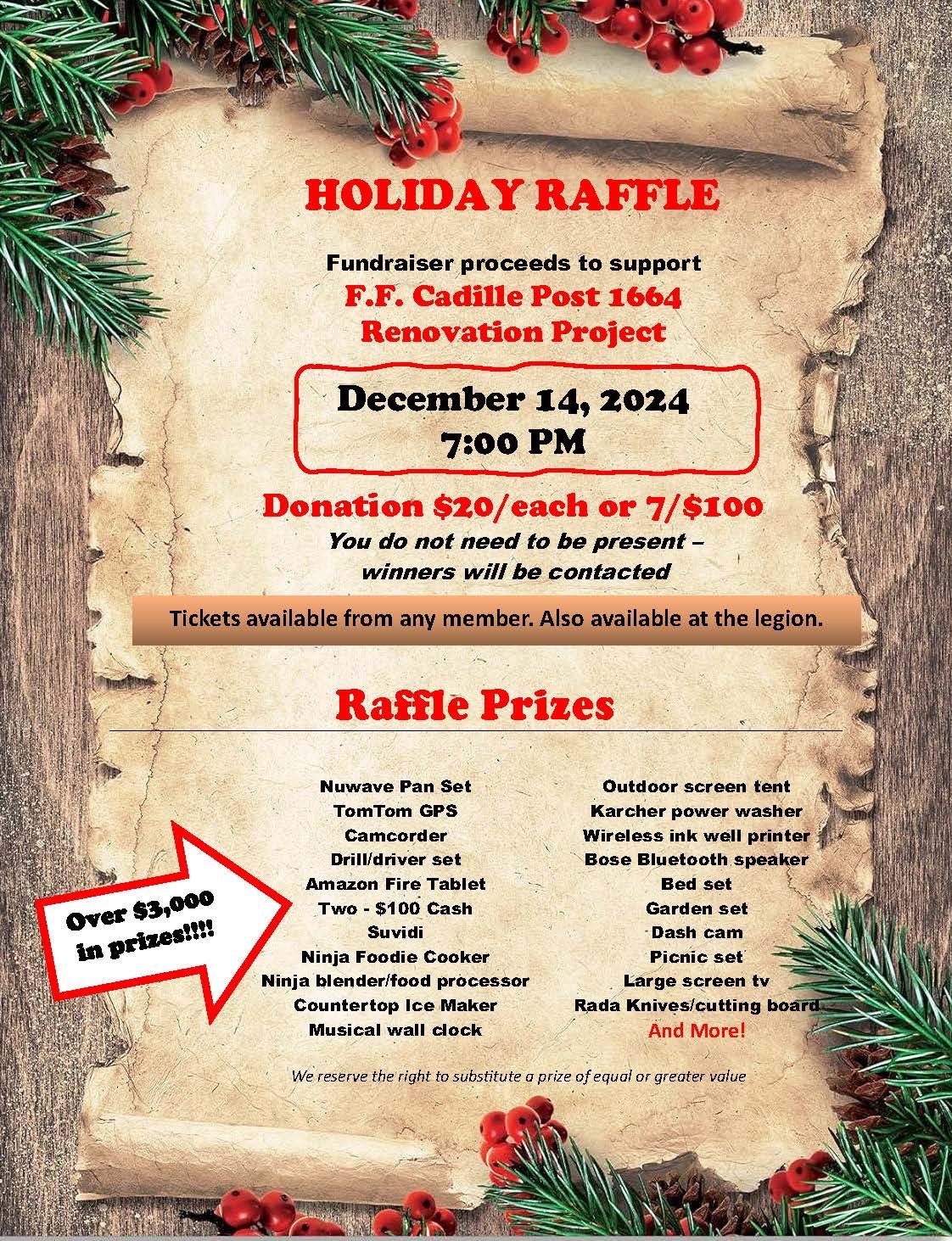 HOLIDAY RAFFLE TO BENEFIT AMERICAN LEGION CADILLE POST