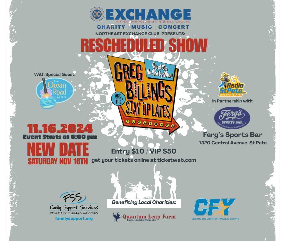 Rescheduled - Charity Concert: Feat. Greg Billings & the Stay Up Lates w\/ special guest Ocean Road