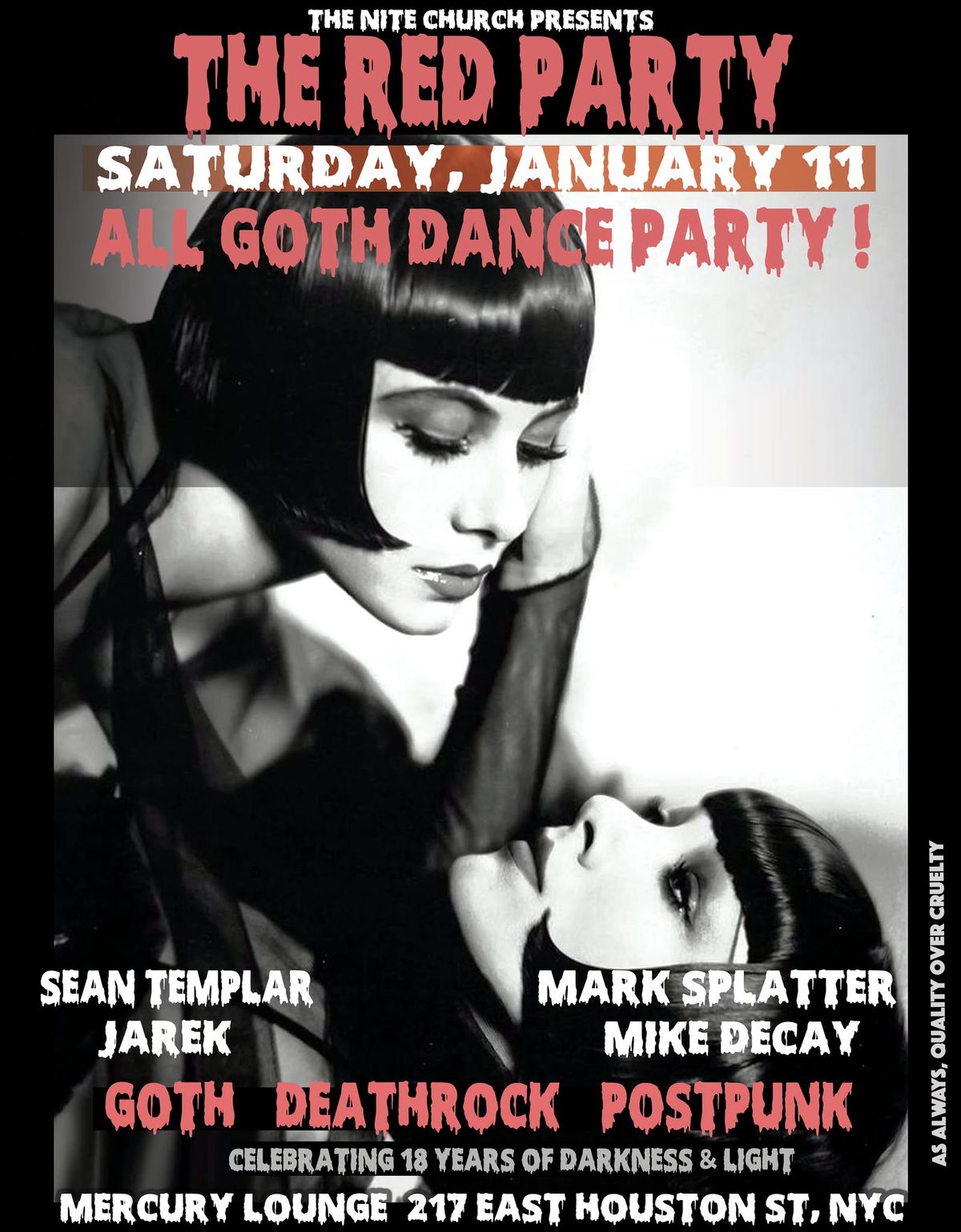 The Nite Church presents THE RED PARTY - ALL GOTH DANCE PARTY - SAT, JAN 11