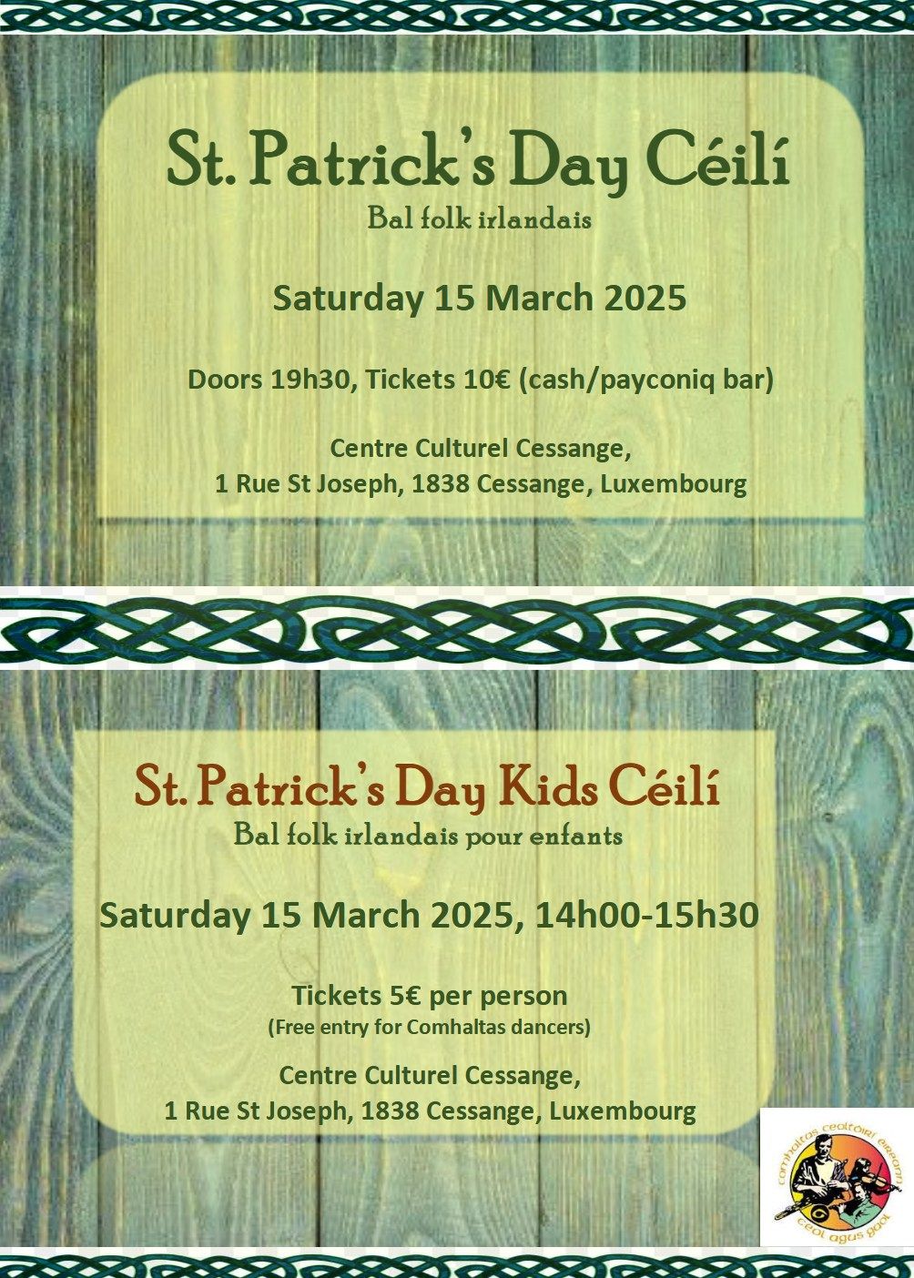 St. Patrick's Day C\u00e9il\u00eds - balfolk irlandais - for kids (afternoon) and adults (evening)