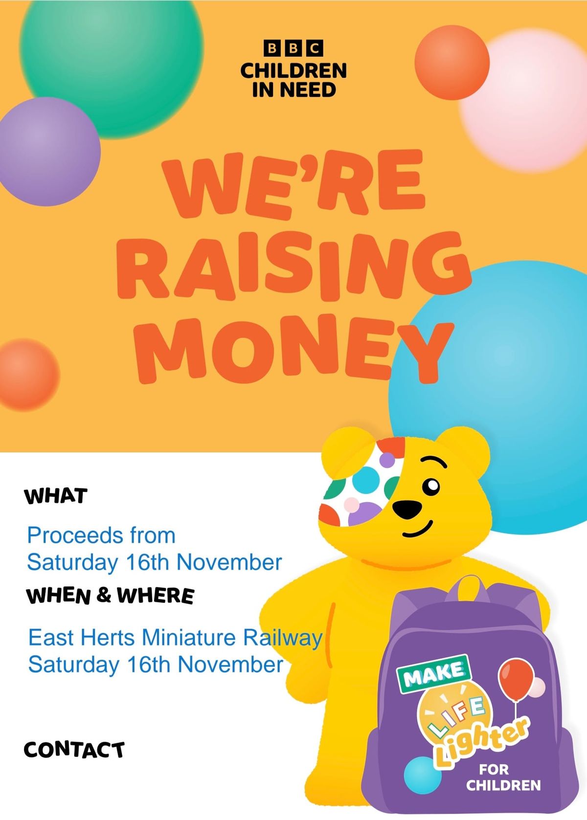 All proceeds from Saturday 16th November will be donated to Children In Need!