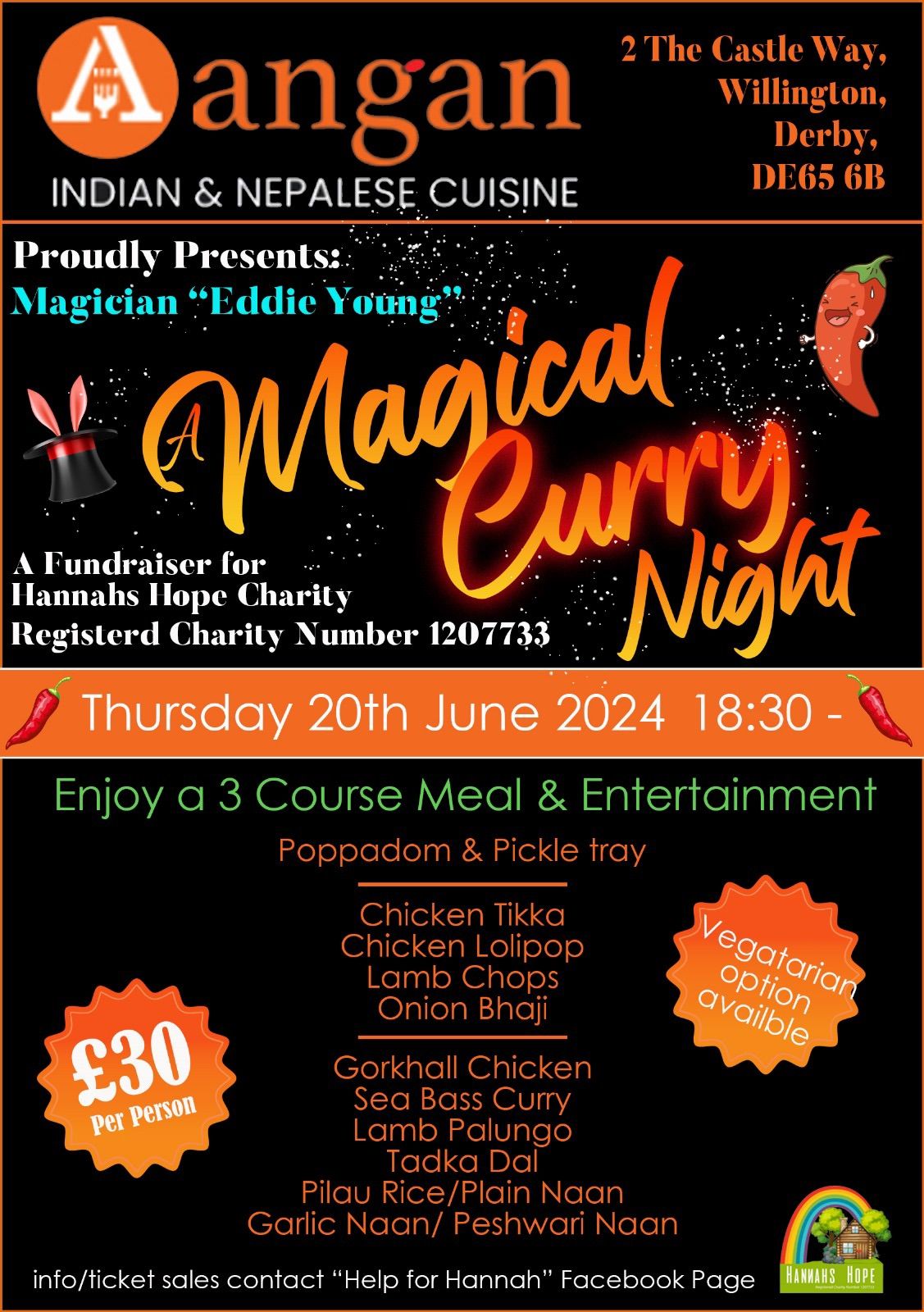 Magical curry night 3 course meal and entertainment hosted by Eddie Young & Hannah Roberts