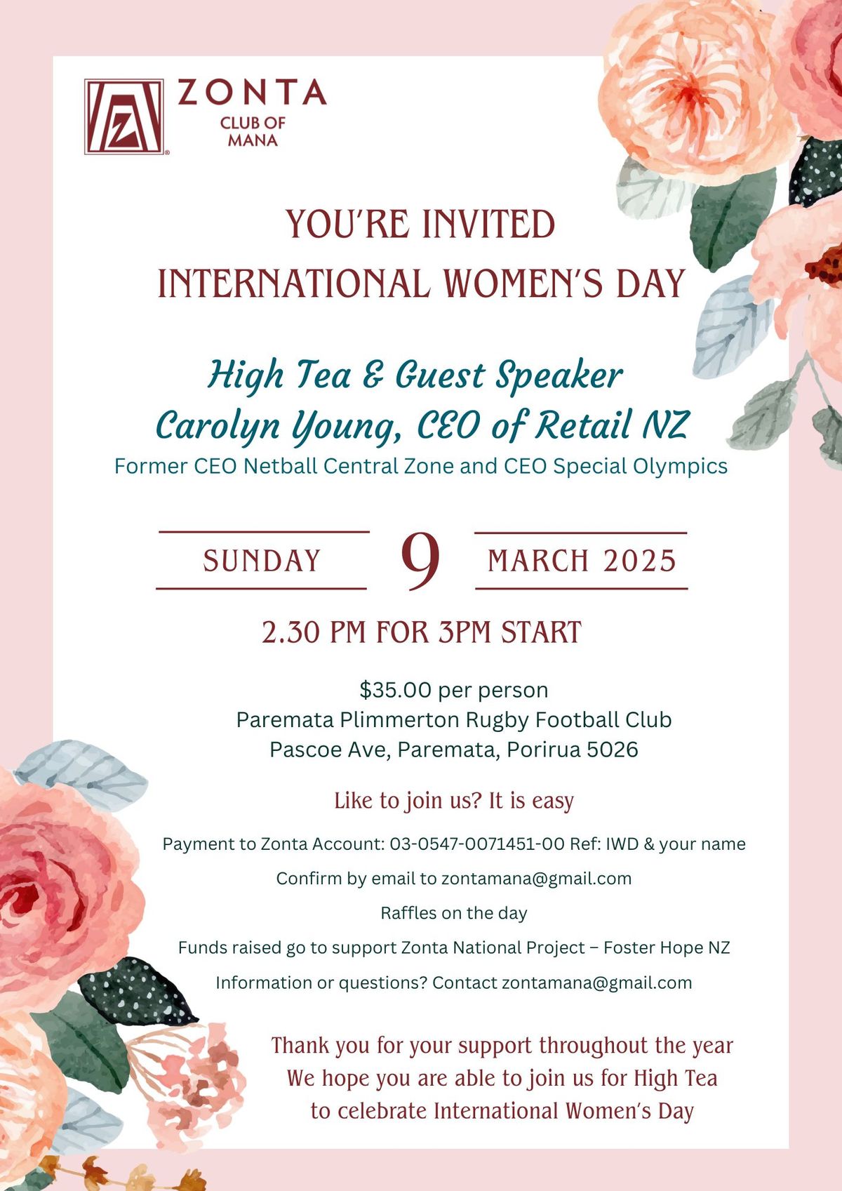 Zonta Club of Mana Invites You to a High Tea to Celebrate International Women\u2019s Day