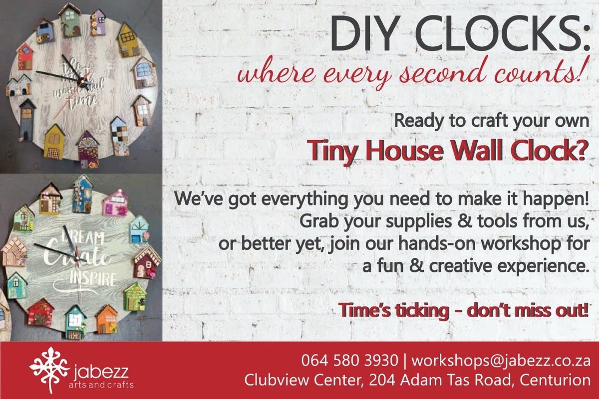 Tiny House Wall Clock Muur Horlosie @ R689.00 (370mm), 25Feb, 21March, 26April, 19May @ Jabezz Artsr