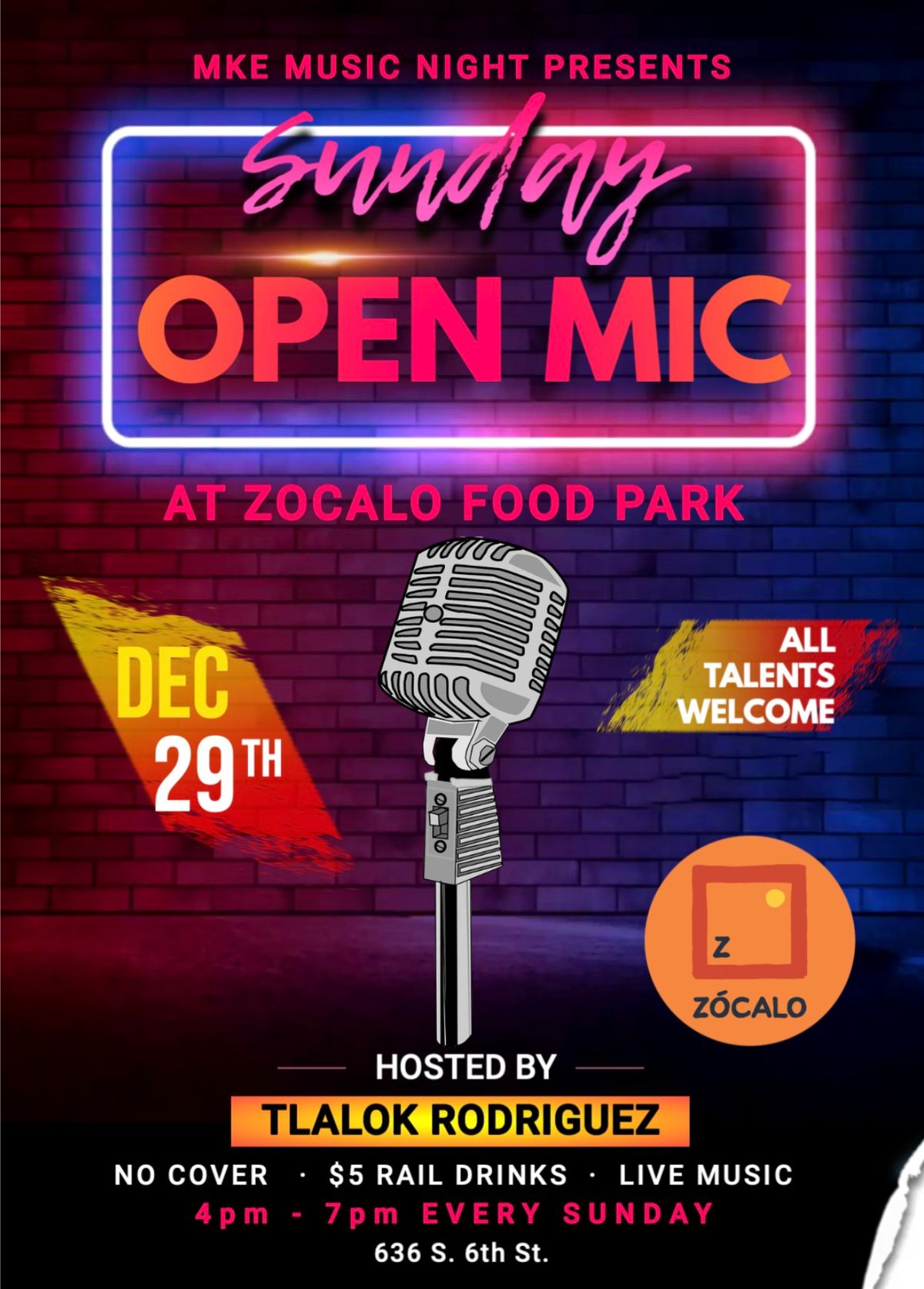 Sunday Open Mic at Zocalo Food Park