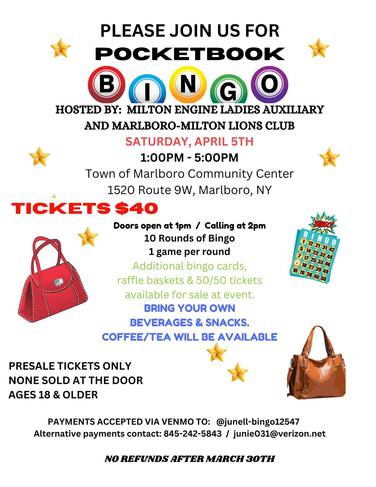 POCKETBOOK BINGO - Milton Engine Ladies Auxiliary & Marlboro-Milton Lions Club