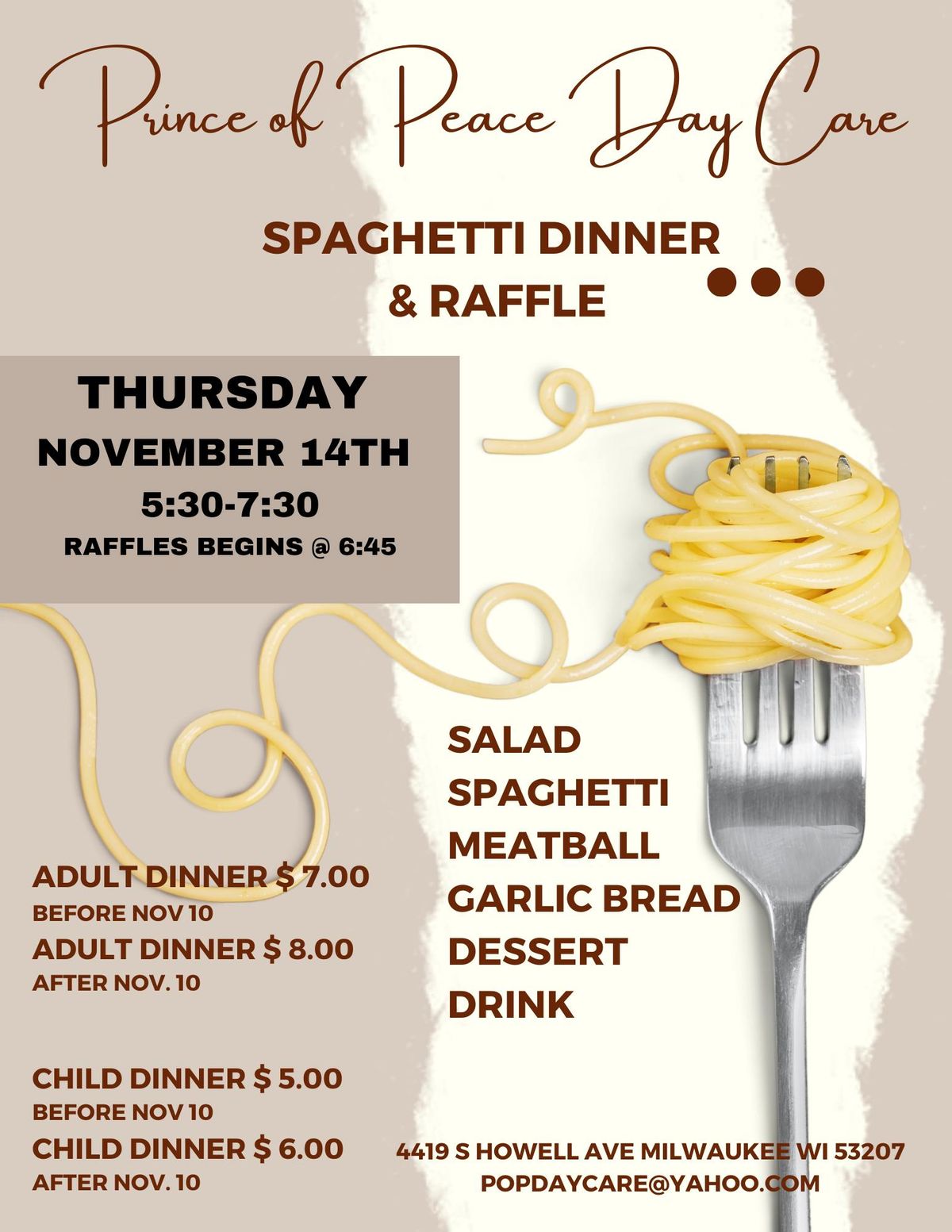 Prince of Peace Day Care Spaghetti Dinner & Raffle