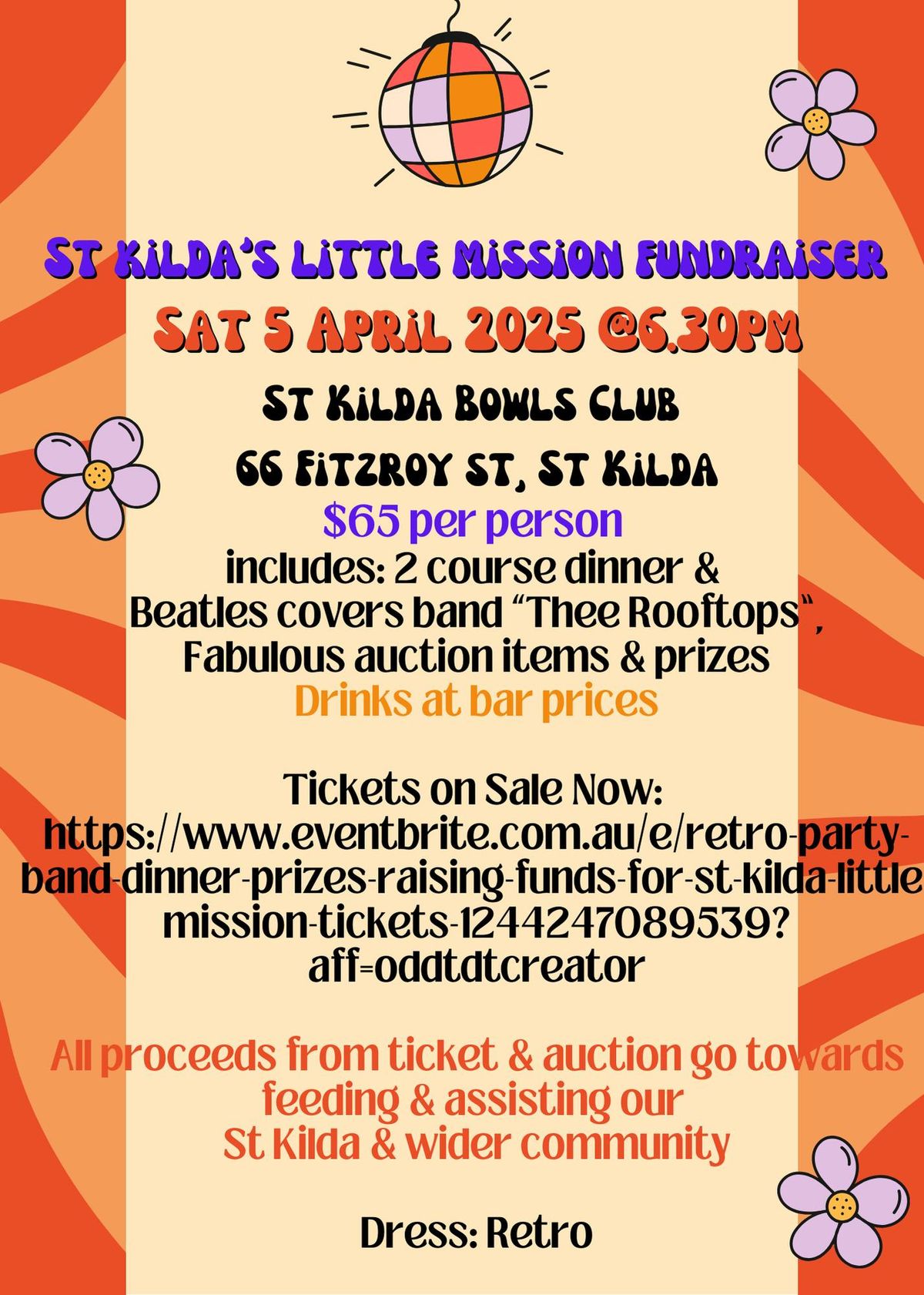 St Kilda's Little Mission Fundraiser & Retro Party - 2 course dinner & Beatles cover band