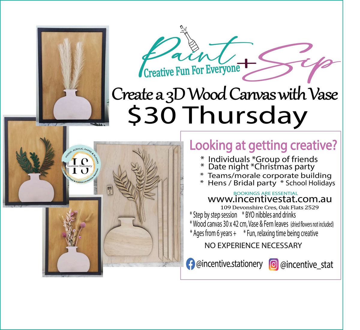 Paint Sip Create Wood Canvas with vase & Leaves $30 Thursday 