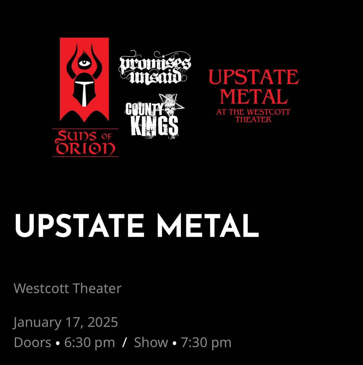 The Westcott Theater Presents \u2018Upstate Metal\u2019 with County Kings, Promises Unsaid, and Suns of Orion