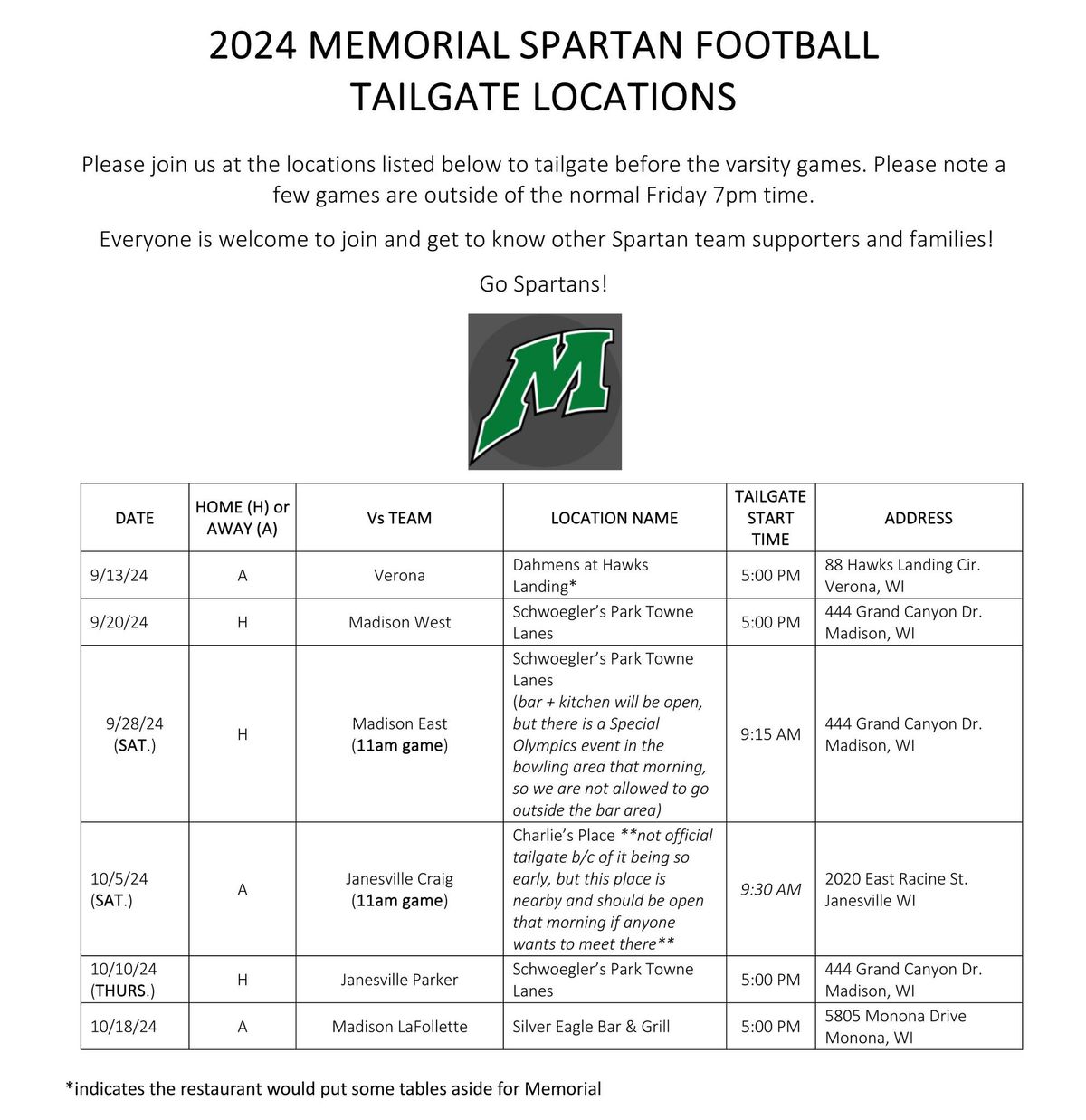 Tailgate for Spartans vs. Madison West