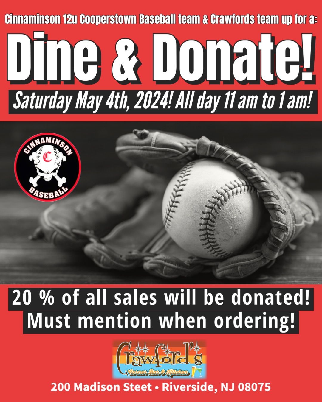 Dine & Donate for Cinnaminson 12u Cooperstown Baseball at Crawfords!