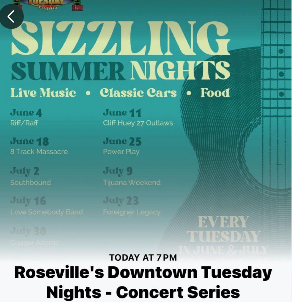 Roseville downtown Tuesday nights concert series, classic cars and motorcycle show