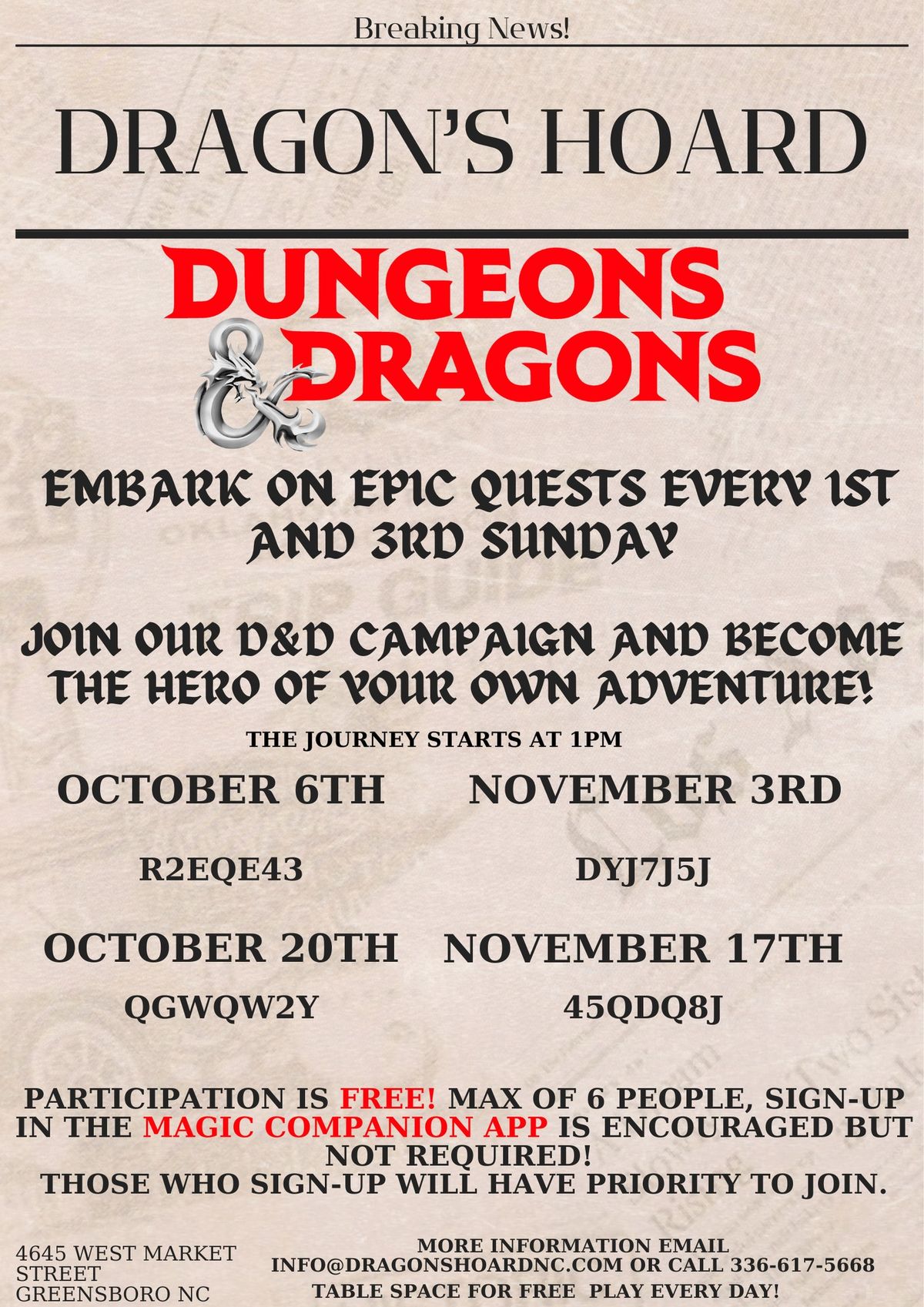 Dungeons and Dragons Bi-monthly Campaign at Dragon's Hoard!