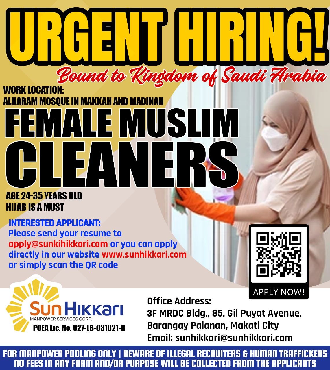 Upcoming Interview for Muslim Female Cleaner Position in KSA