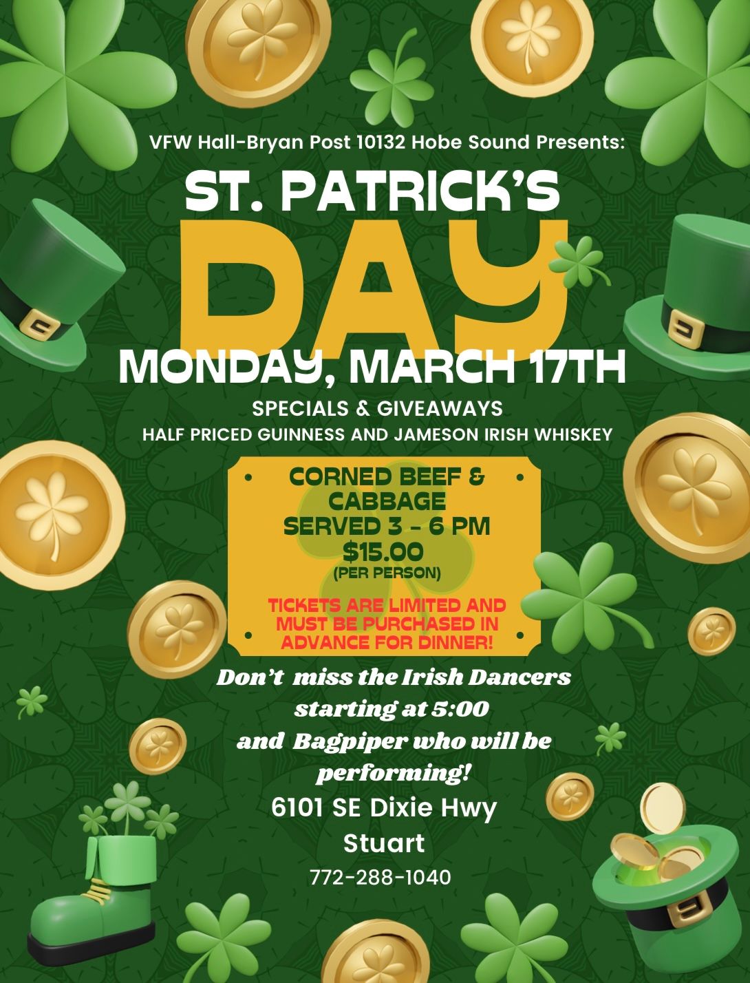 St. Patrick's Day Corned Beef & Cabbage and IRISH DANCERS\/BAGPIPE