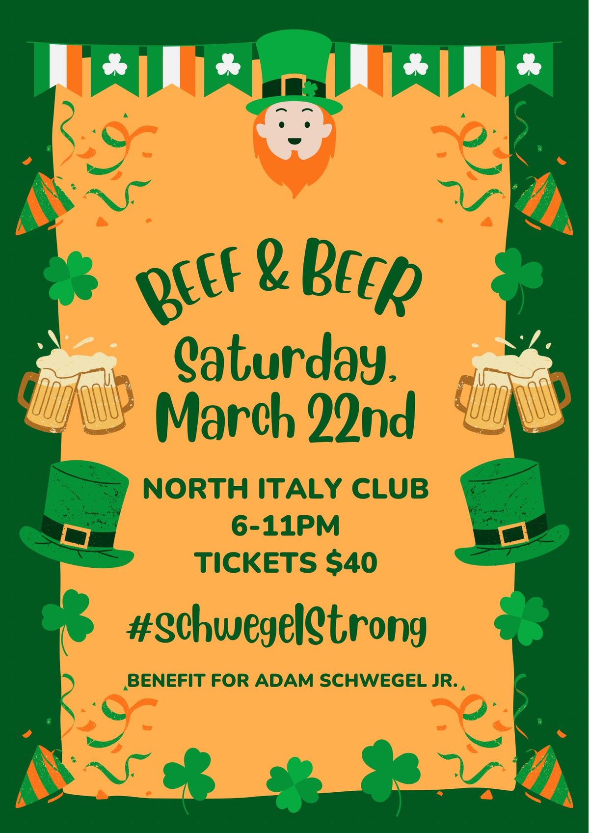 St. Patty\u2019s Day Beef & Beer fundraiser for Adam Schwegel Jr