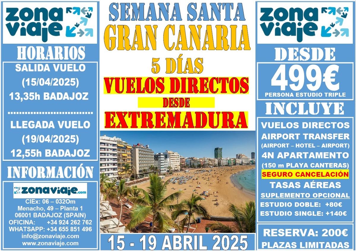 SEMANA SANTA 2025 || GRAN CANARIA 5 DIAS (Vuelo Directo desde Badajoz)