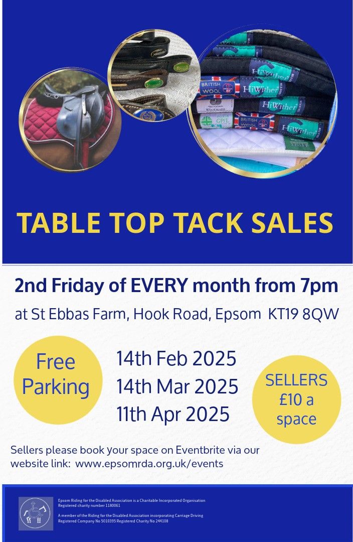 Table Top Tack Sale Friday 14th February 2025 @ St Ebbas Farm, Hook Road, KT19 8QW