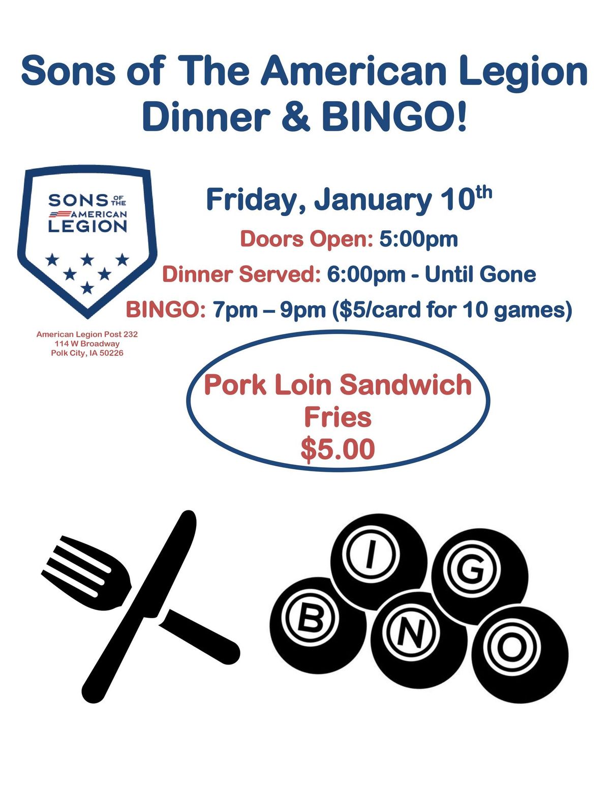 Pork Loin Sandwich Dinner & BINGO!